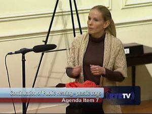 Sara Goddard making the case for Rye's plastic bag law at Rye City Council.