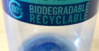 Compostable vs Biodegradable? This label implies that the bottle rapidly decomposes. It's an example of green-washing!