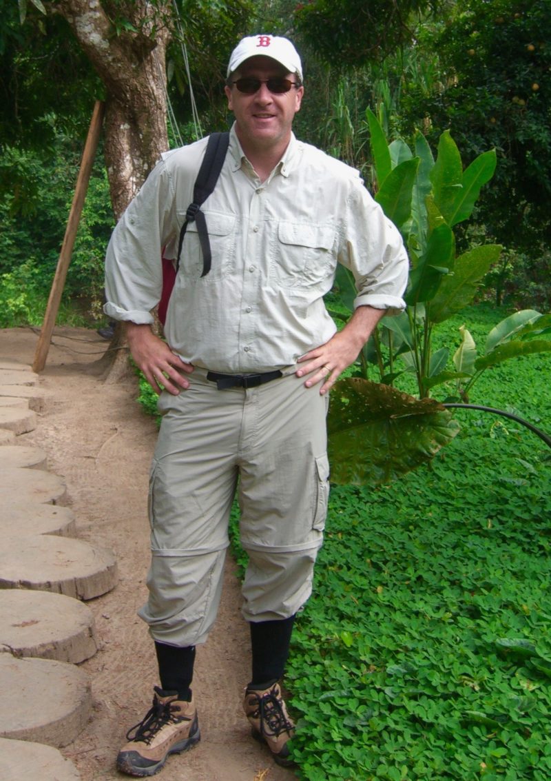 Proper clothing (modeled here by my husband on our trip to Peru) can be an effective natural repellent for all types of unwanted pests!