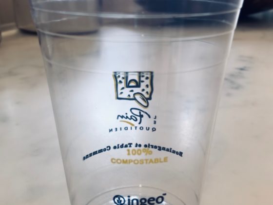 Compostables, like this compostable cup, are increasingly replacing disposable plastic products.