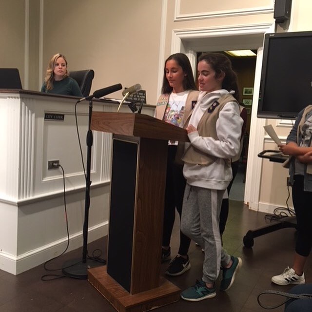 Girl scouts speaking out at our town city hall in support of a community composting initiative. So impressive!