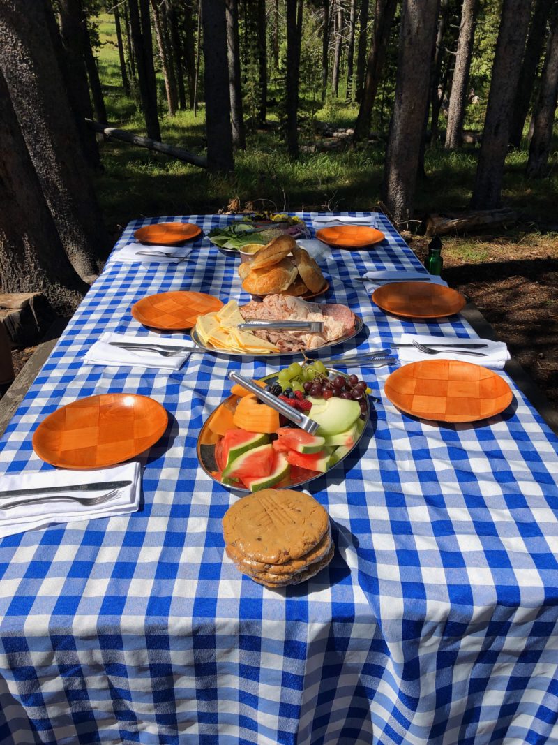 For this outdoor lunch, we used reusable plates, silverware and linens. Unwanted food was composted!