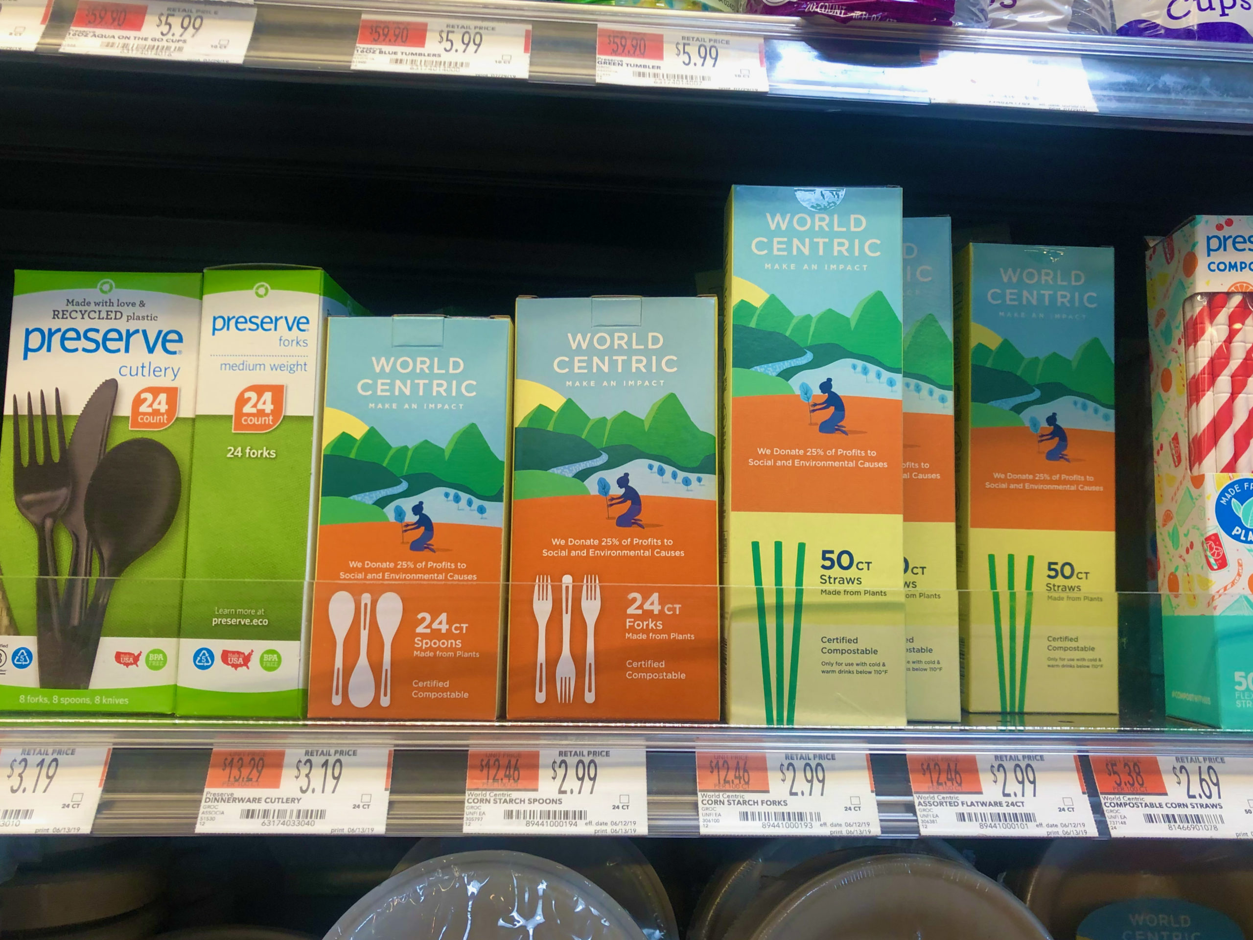 These straws and utensils are certified compostable, but only in a certified facility. They won't degrade in the trash or compost bin and can't be recycled. 